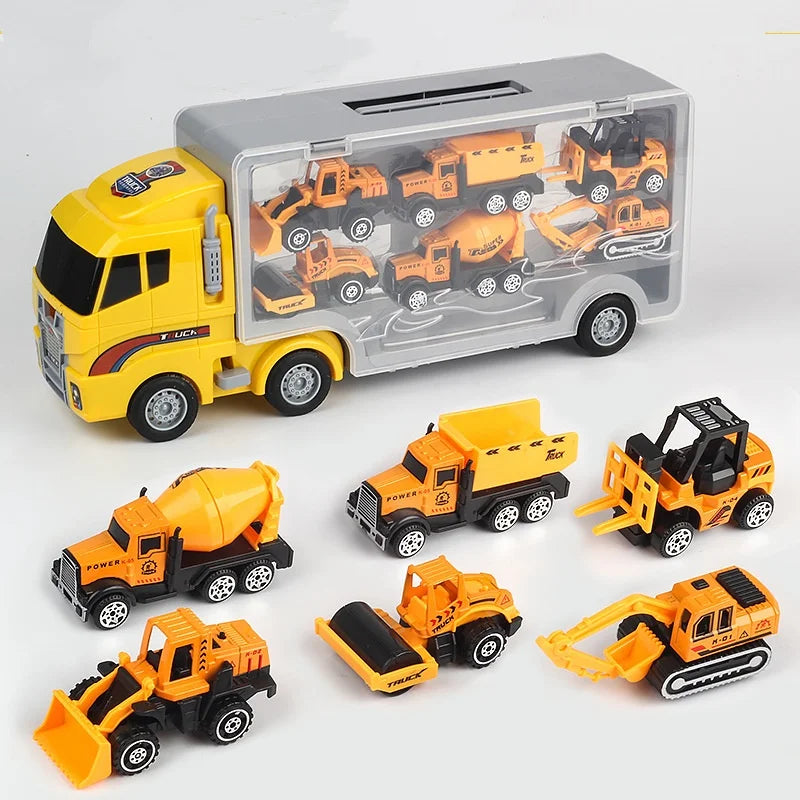 A die-cast construction truck set featuring a yellow truck and multiple dump trucks inside a clear transporter box.