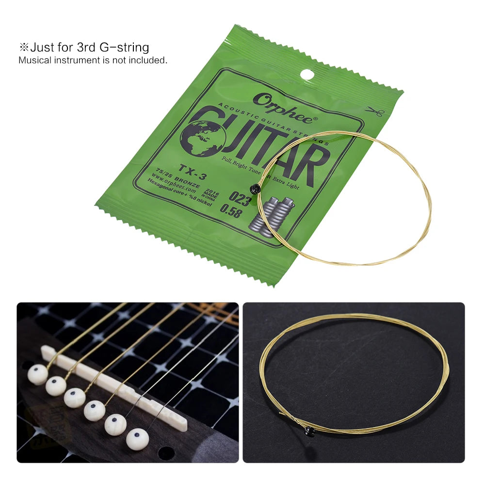 A coil of phosphor bronze acoustic guitar replacement string is shown next to a guitar fretboard.
