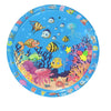 A circular blue baby water play mat featuring colorful sea creatures and ocean themes for early learning.