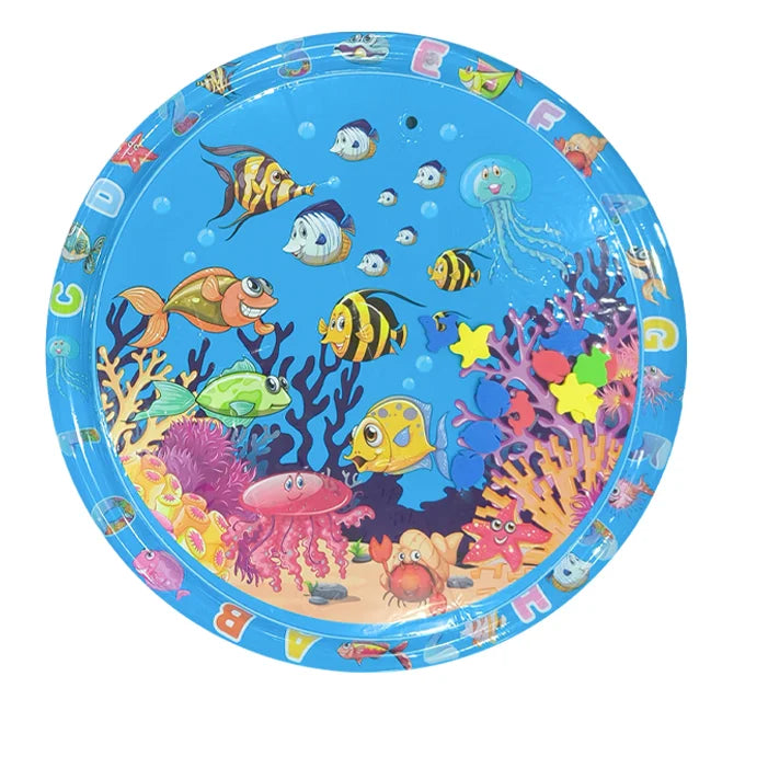 A circular blue baby water play mat featuring colorful sea creatures and ocean themes for early learning.