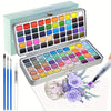 A complete watercolor paint set featuring a palette of vibrant colors, brushes, and pencils in a silver box.