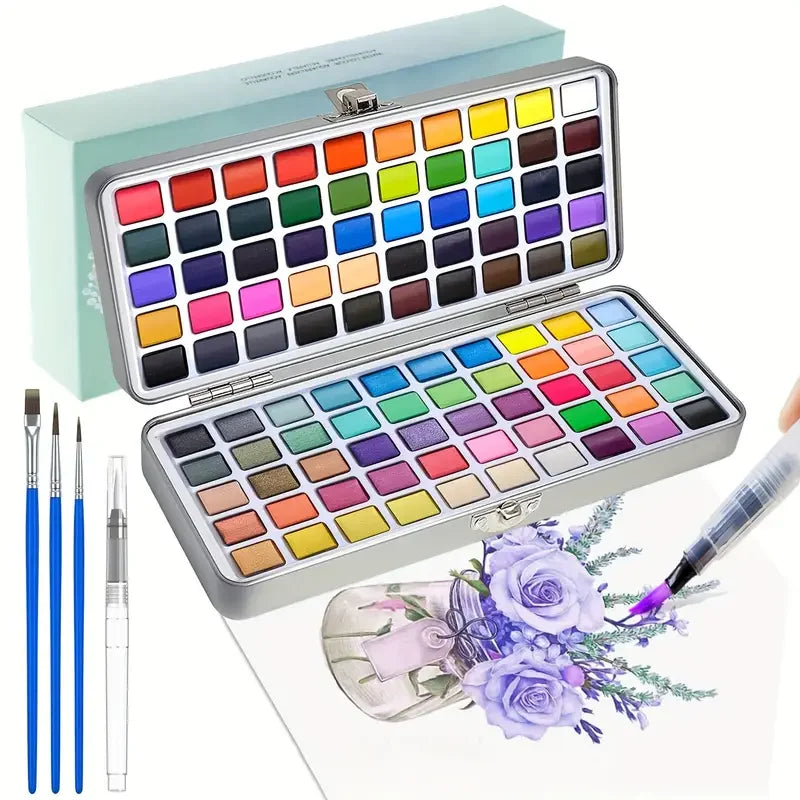 A complete watercolor paint set featuring a palette of vibrant colors, brushes, and pencils in a silver box.