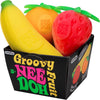 A box containing a set of three squishy fidget toys: a yellow banana, a red strawberry, and an orange fruit.