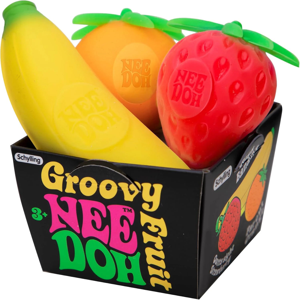 A box containing a set of three squishy fidget toys: a yellow banana, a red strawberry, and an orange fruit.