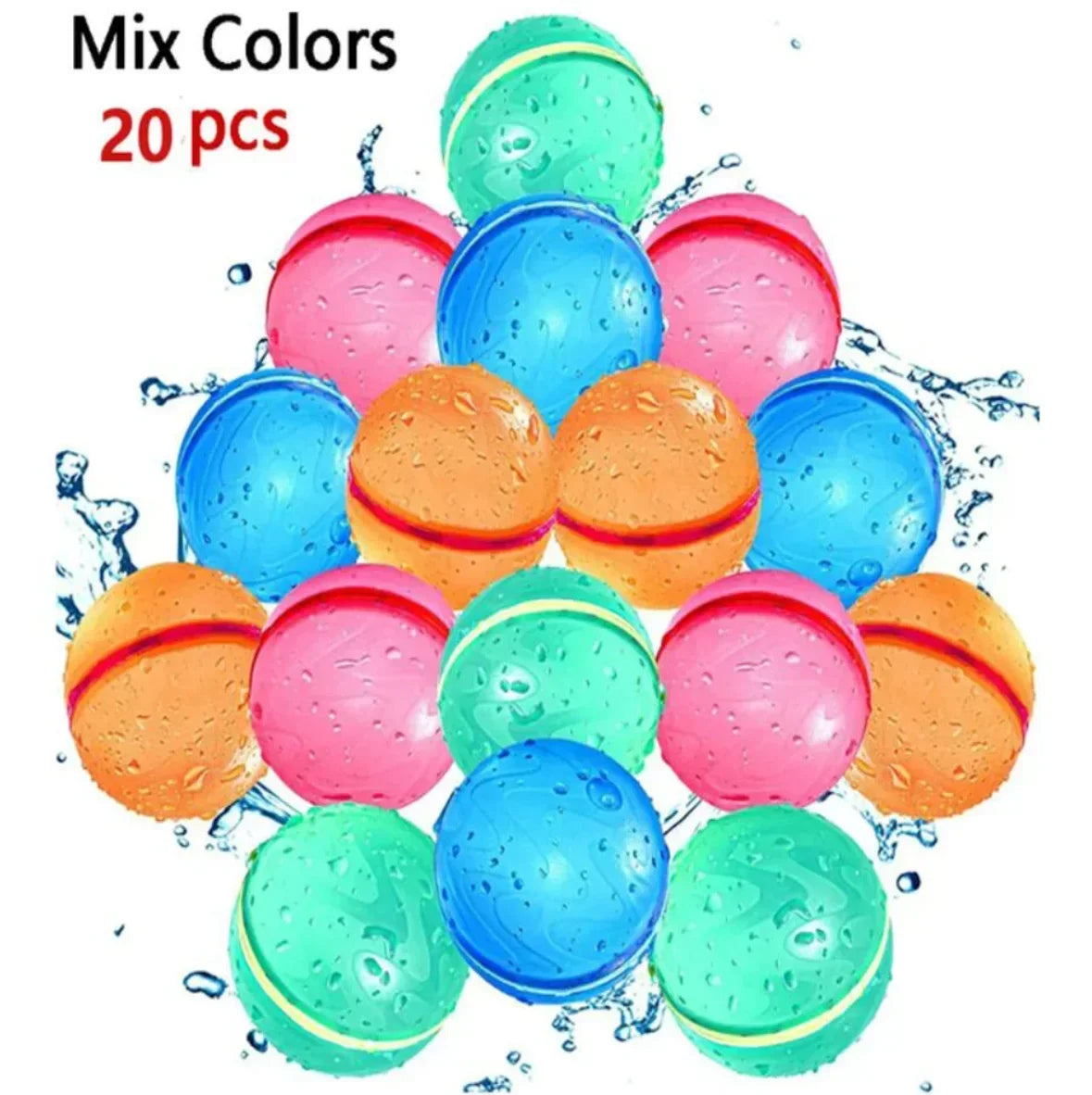 A collection of 20 colorful reusable water balloons in shades of pink, blue, and orange.