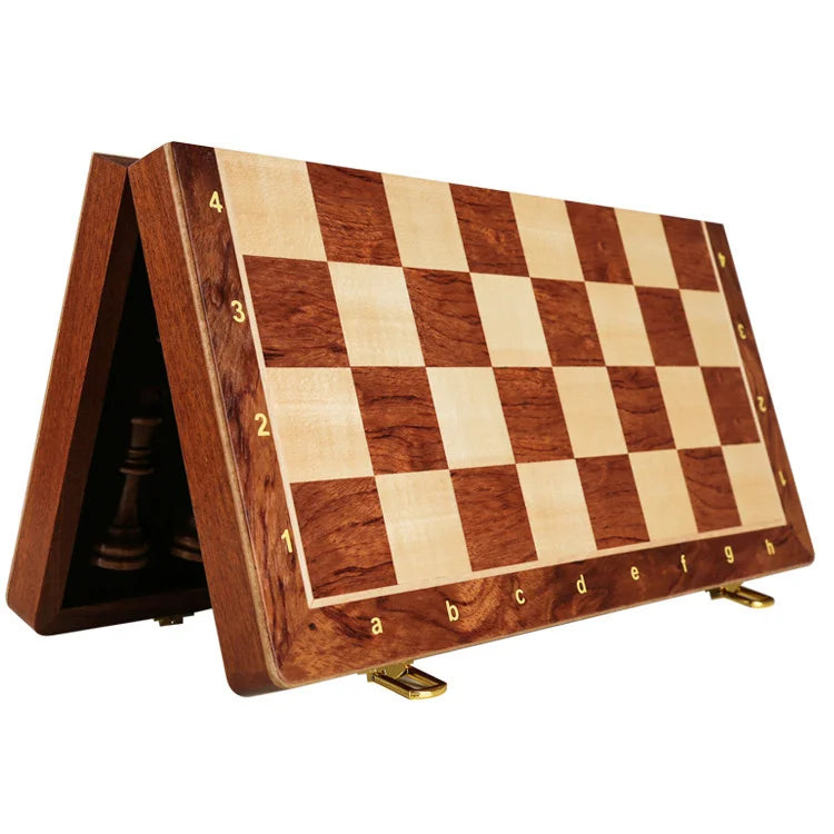 A handcrafted wooden folding chessboard with a walnut checkered board and solid pieces.