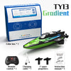 A green and black high-speed remote control boat with accessories and a driving license box.