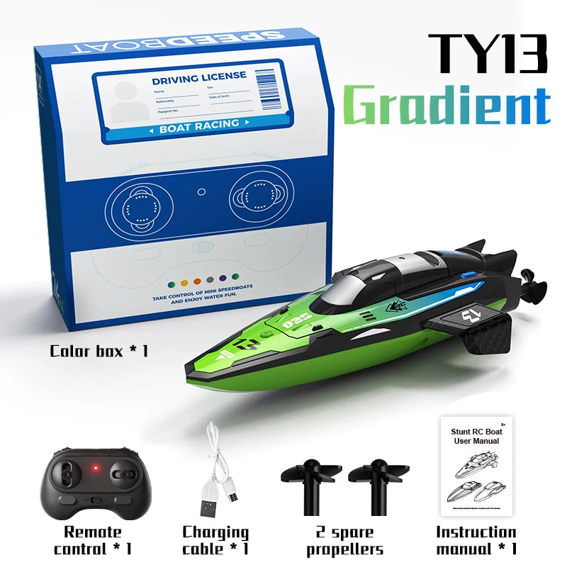 A green and black high-speed remote control boat with accessories and a driving license box.