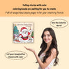 A woman holds an open coloring book featuring a Santa Claus illustration, encouraging creativity and imagination.