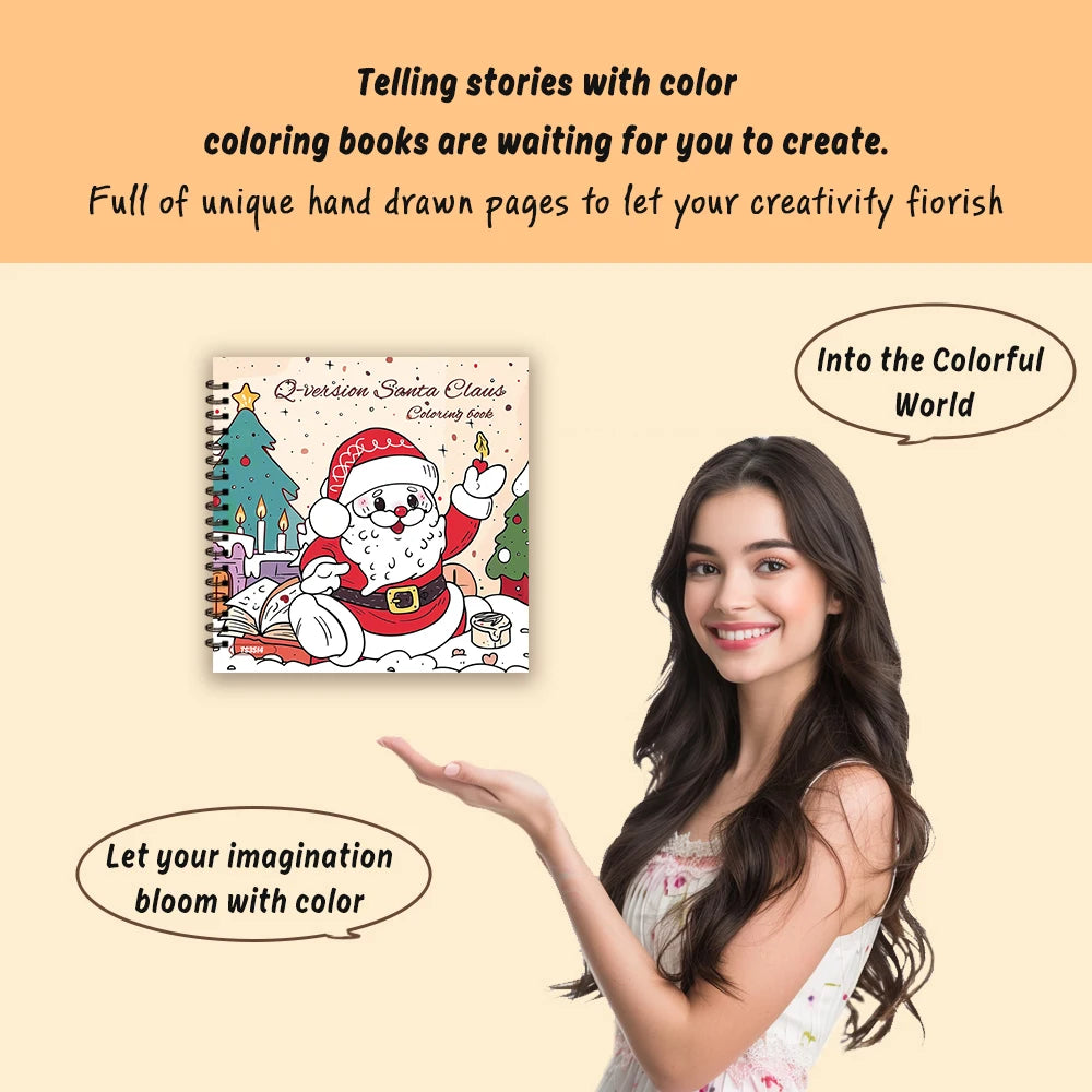 A woman holds an open coloring book featuring a Santa Claus illustration, encouraging creativity and imagination.