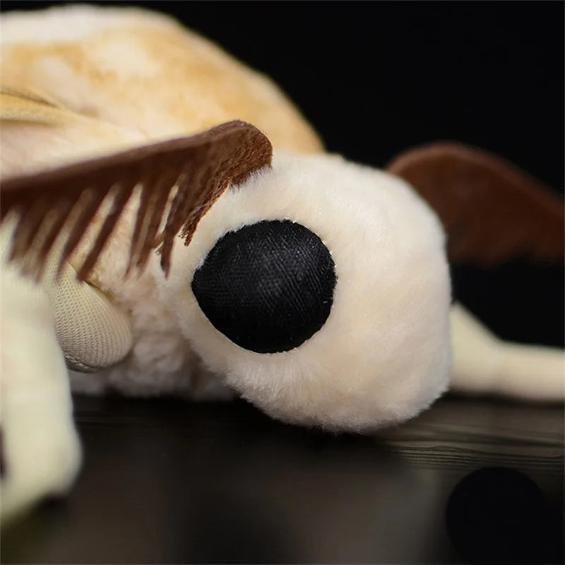 A close-up of a cute silk moth plushie with soft white fur and large black eyes resting on a dark surface.