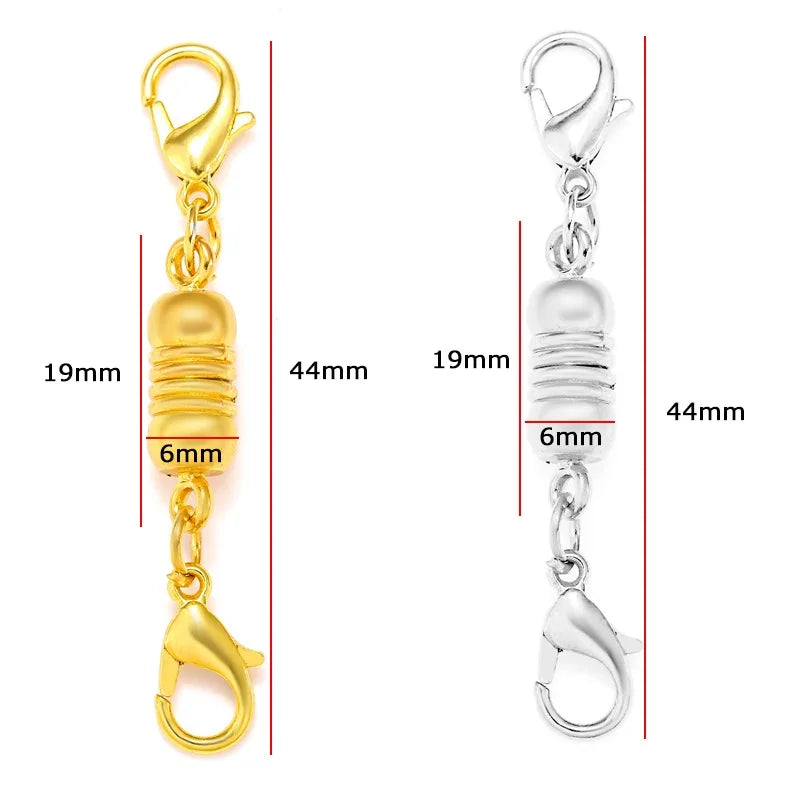 A set of five gold and silver magnetic lobster claw clasps for jewelry making with various sizes