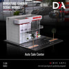 A miniature garage scene model of a two-story auto sale center with a display case and parking area.