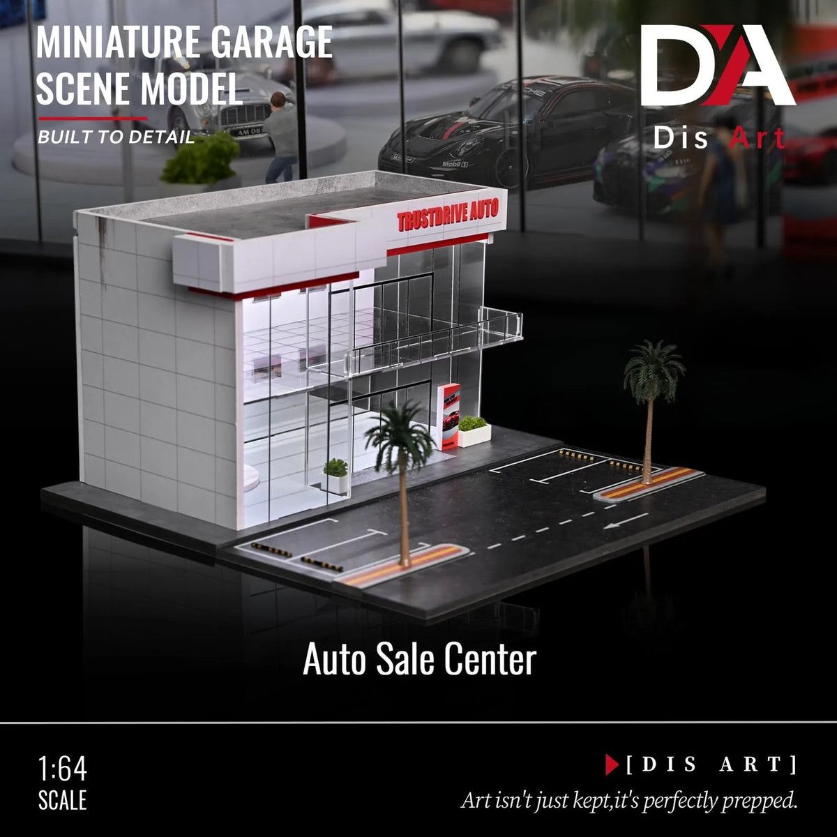 A miniature garage scene model of a two-story auto sale center with a display case and parking area.