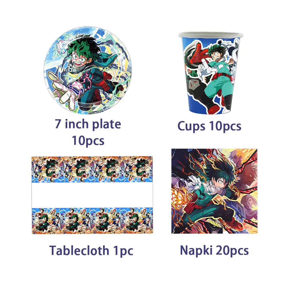 Hero-themed birthday party decoration set including a 7 inch plate, cups, tablecloth, and napkins featuring anime characters.