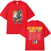 A red t-shirt featuring a graphic of a musician and the text HIT ME HARD AND SOFT TOUR