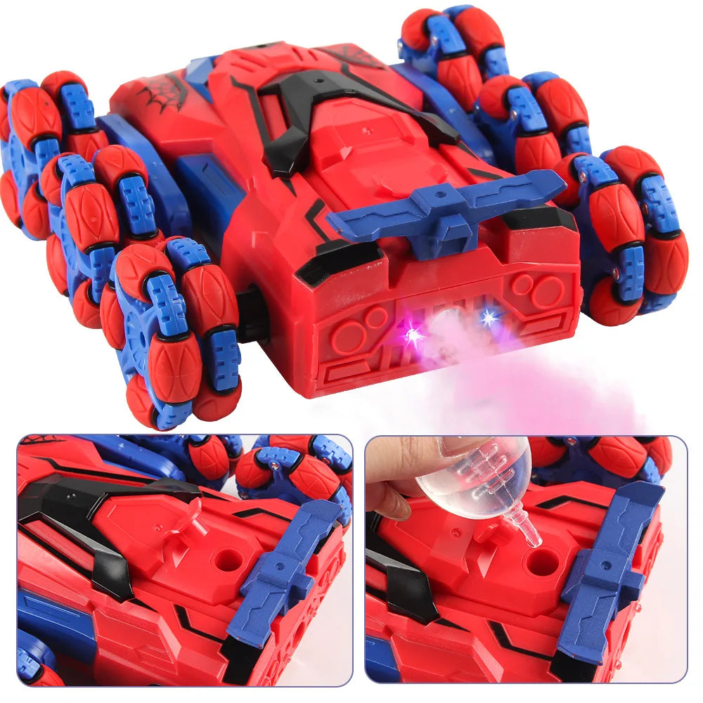 A red and blue remote control stunt car with lights and a spray effect, shown from various angles.