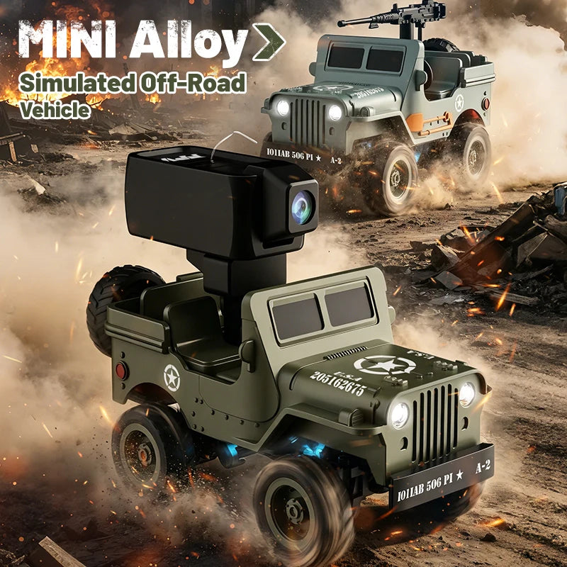 A miniature RC Jeep Willys 4WD off-road crawler driving through dusty terrain with smoke and sparks.