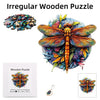 An irregular wooden puzzle featuring a detailed insect, possibly a dragonfly or moth, set against a floral background.