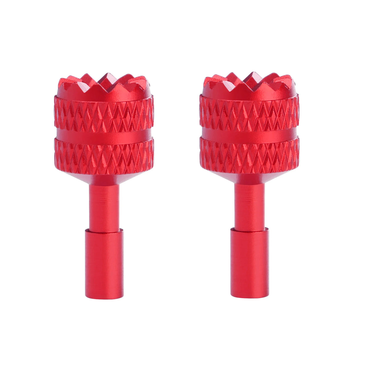 A pair of red precision CNC aluminum joystick thumb sticks for DJI RC 2 drones.