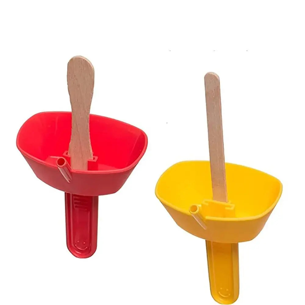 A set of two drip-proof popsicle holders, one red and one yellow, featuring a fun cartoon design.