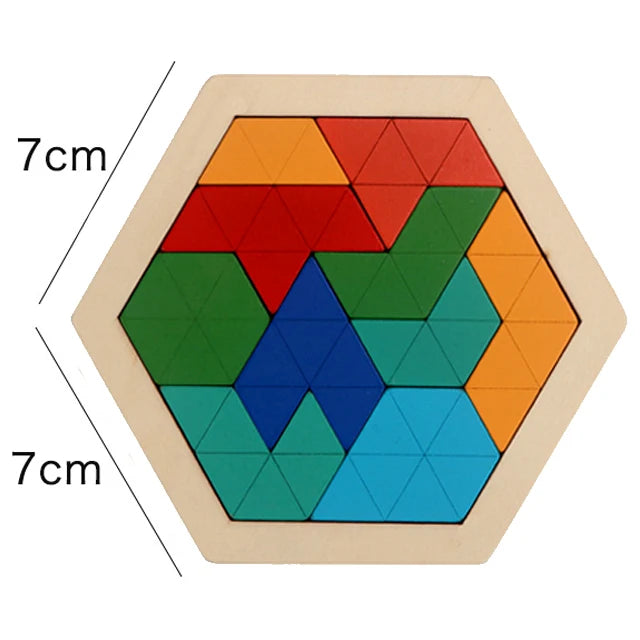 A wooden tangram puzzle board with colored triangles arranged in a hexagonal shape.
