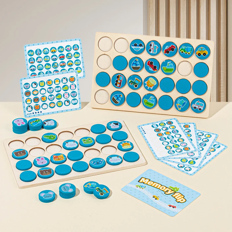 A wooden memory game featuring various colored and themed tiles for children's educational matching.
