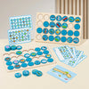 A wooden memory game featuring various colored and themed tiles for children's educational matching.