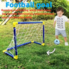 A portable blue and yellow soccer goal frame with a net is set up on green grass, next to a boy.