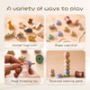 A set of wooden toys demonstrating animal cognition, shape cognition, rope threading, and balanced stacking.