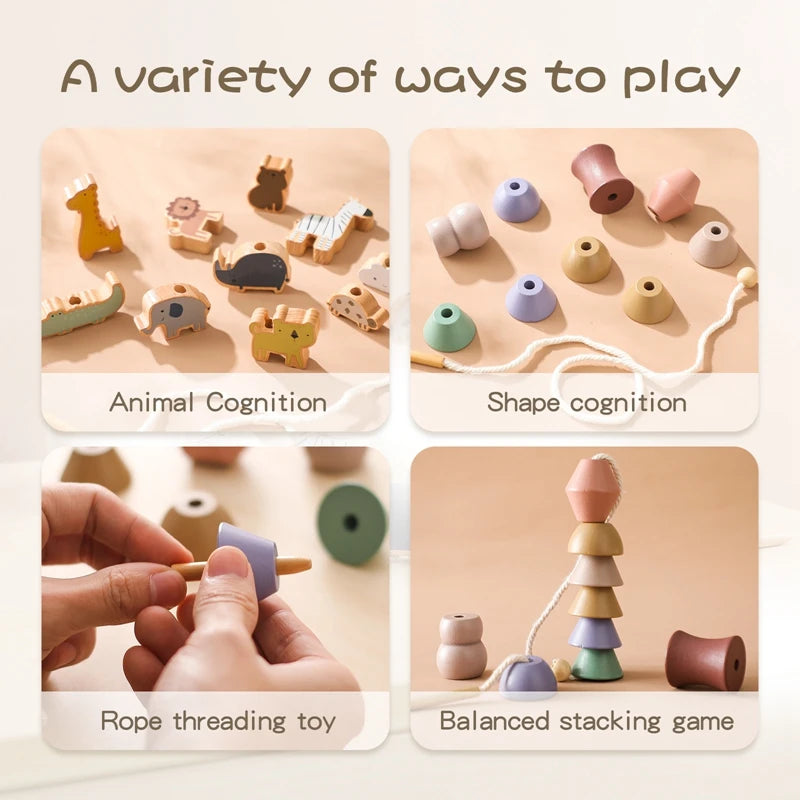 A set of wooden toys demonstrating animal cognition, shape cognition, rope threading, and balanced stacking.