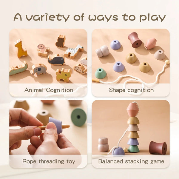 A set of wooden toys demonstrating animal cognition, shape cognition, rope threading, and balanced stacking.