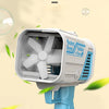 A light blue bubble gun is shown with its head removed, revealing a small fan mechanism for cooling.