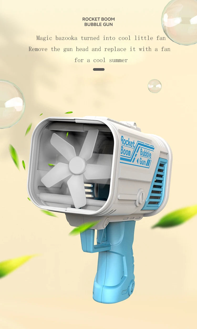 A light blue bubble gun is shown with its head removed, revealing a small fan mechanism for cooling.