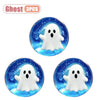 Three white ghost-shaped squishy stress relief toys with blue glitter accents