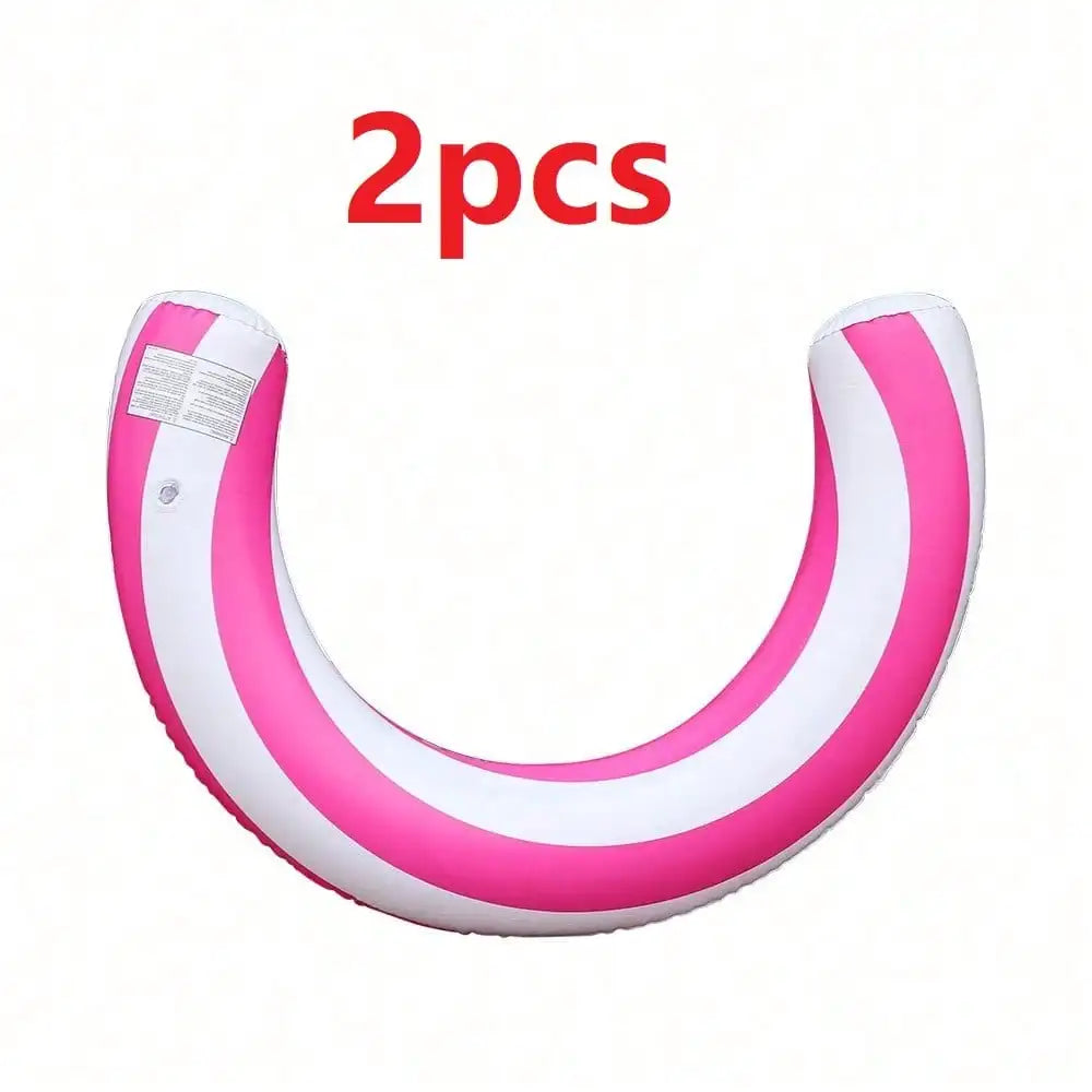 Two pink and white striped inflatable U-shaped pool floats for adults