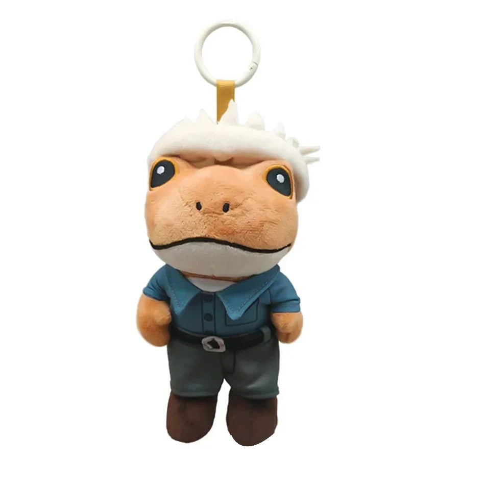 A plush toy of Bad Bunny El Sapo Concho with a yellow hanging loop.