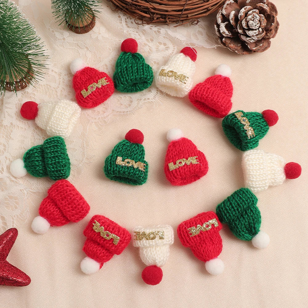 A set of mini knitted red and green hats and scarves for Christmas doll dress-up accessories