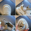 Close-up shots of a white sneaker with tan accents and gray velcro straps.