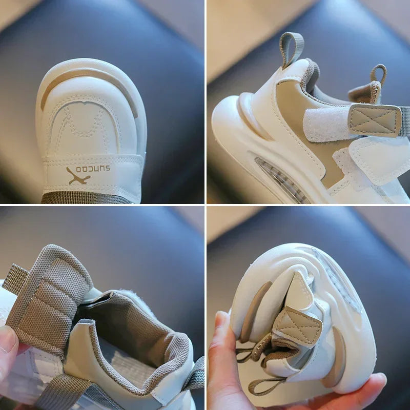 Close-up shots of a white sneaker with tan accents and gray velcro straps.