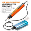 An orange rotary tool pen with a cord is shown next to its blue charging base.