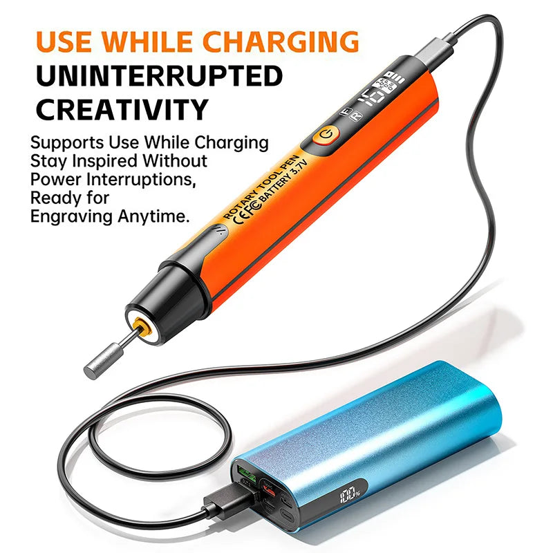 An orange rotary tool pen with a cable and a blue battery is shown for engraving.