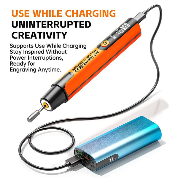 An orange rotary tool pen with a cable and a blue battery is shown for engraving.