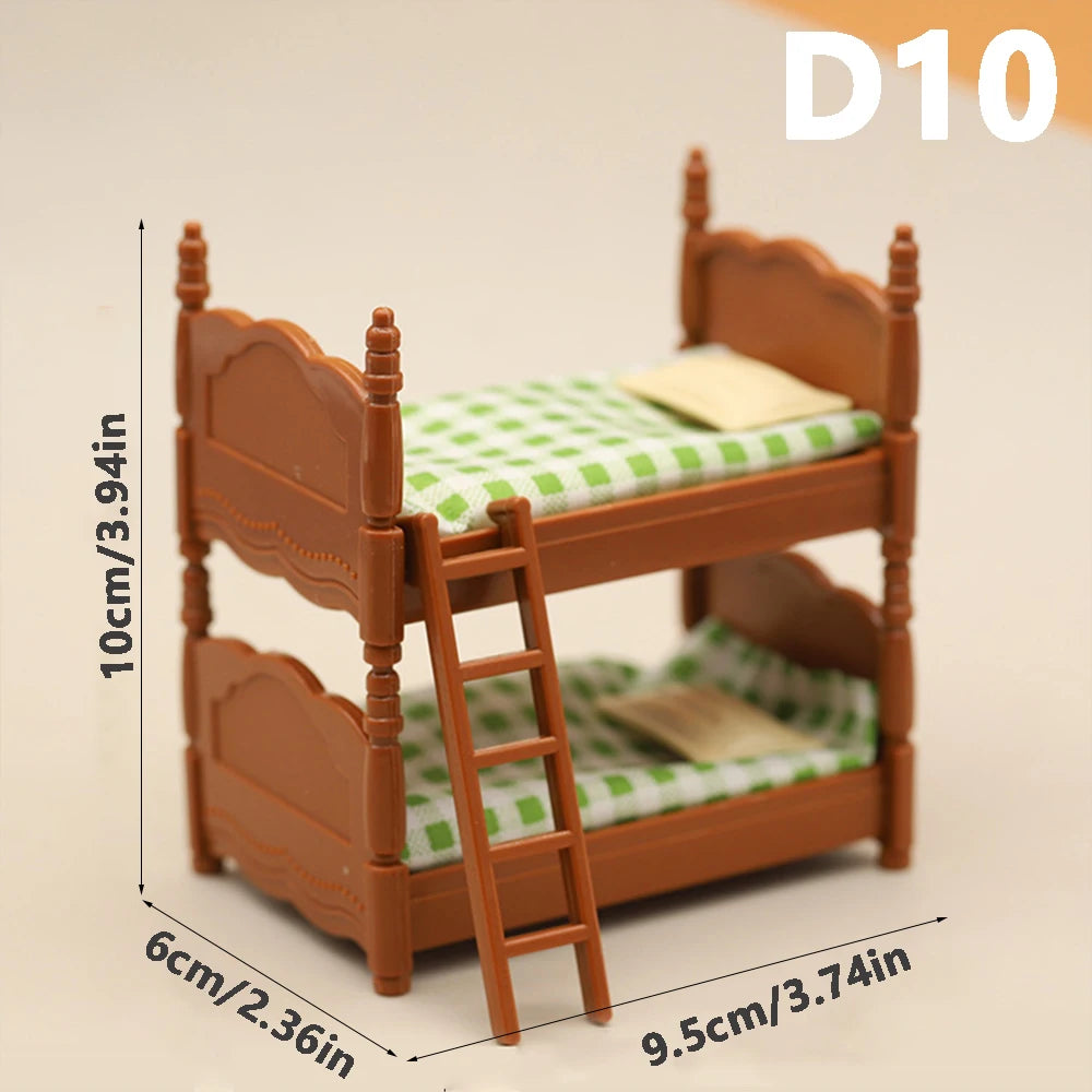 A wooden 1:12 scale dollhouse furniture set featuring a bed, ladder, and accessories.
