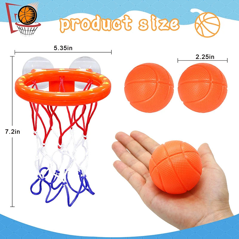 An orange basketball hoop set with a net and three orange balls shown next to a hand for size reference.