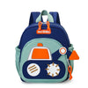 A blue and green cartoon digger truck backpack for children with orange accents.