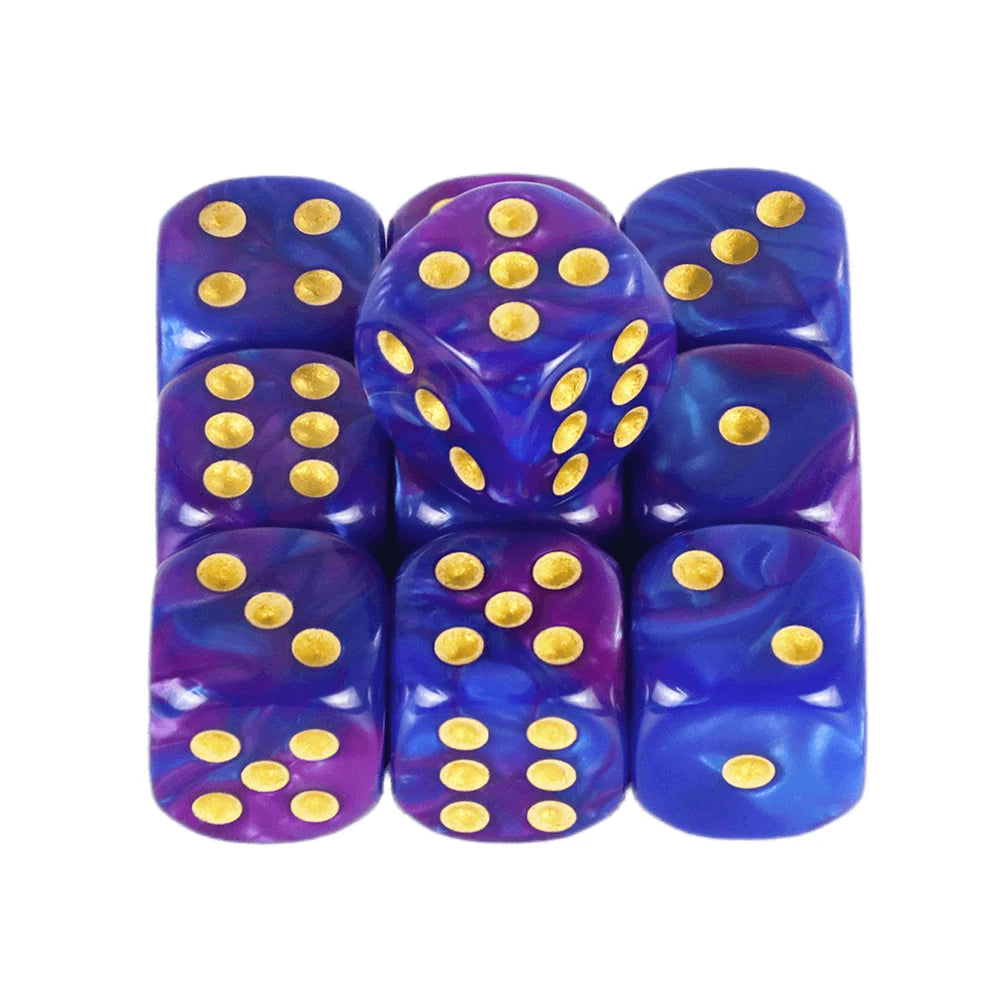 A set of ten mixed-color, 12mm dice with gold dots for board games and RPGs.
