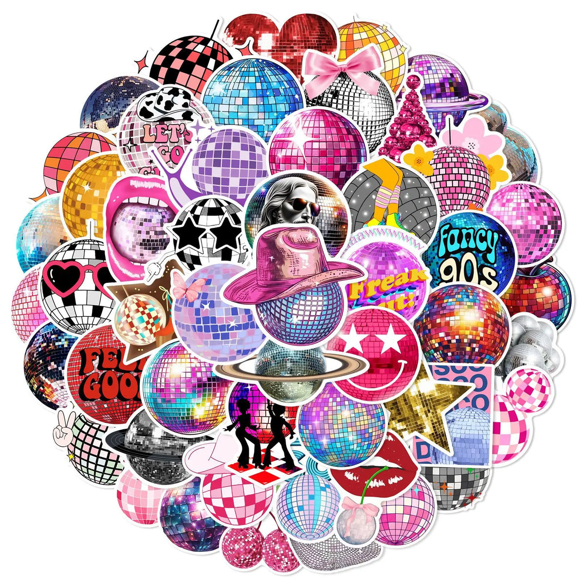 A colorful pack of disco girls graffiti stickers featuring various glitter and holographic designs.