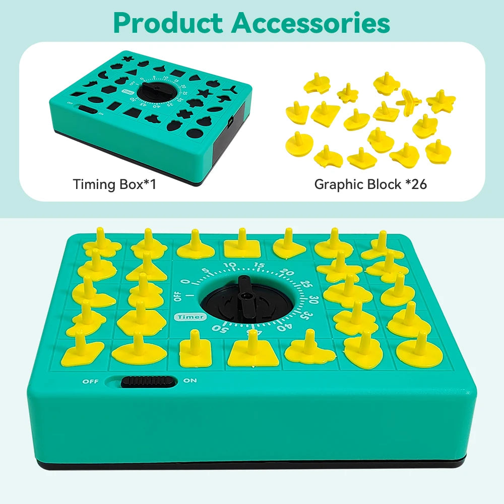 A teal timing box and a large green puzzle board with yellow pieces for a shape matching game.