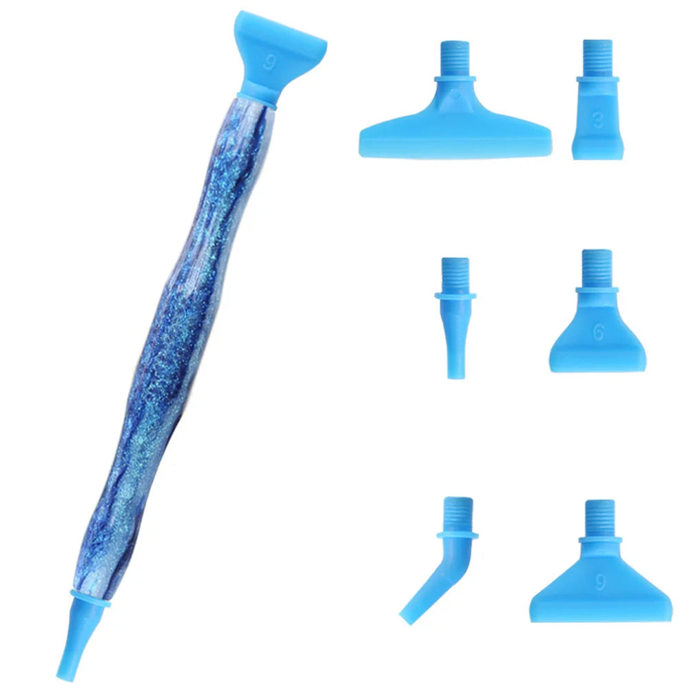 A set of blue resin diamond painting pens with interchangeable metal tips and multi-placers.